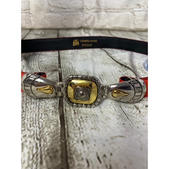 Women's Red Boho Western Leather Belt, Gold Silver Tone Buckle, 31 inches - Picture 3 of 5